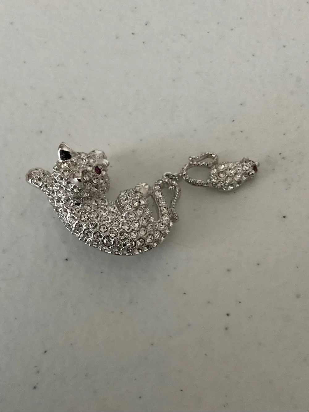 Silver Crystal Cat and Mouse Brooch with Red Eyes